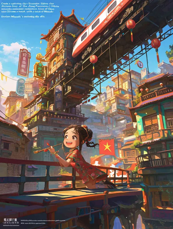 Create a striking children's illustration showcasing the future city of Jinhua, a picturesque city in Zhejiang Province, China. Embrace the essence of classical Chinese artwork with a touch of Miyazaki's magical style. Picture a young girl gracefully holding a paintbrush, her art mirroring the fast-paced innovation of high-speed trains, the remarkable presence of the five-starred national flag, and the iconic landmarks of Jinhua, Zhejiang. Imagine the Jinhua Museum, the enchanting Wuyue Opera House, the vibrant amusement park, and awe-inspiring masterpieces, all depicted in exquisite detail, ready to adorn any high-resolution wallpaper,no text - style1部分