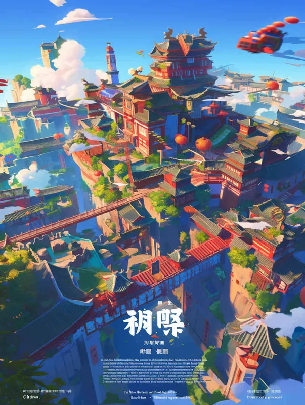 Create a striking children's illustration showcasing the future city of Jinhua, a picturesque city in Zhejiang Province, China. Embrace the essence of classical Chinese artwork with a touch of Miyazaki's magical style. Picture a young girl gracefully holding a paintbrush, her art mirroring the fast-paced innovation of high-speed trains, the remarkable presence of the five-starred national flag, and the iconic landmarks of Jinhua, Zhejiang. Imagine the Jinhua Museum, the enchanting Wuyue Opera House, the vibrant amusement park, and awe-inspiring masterpieces, all depicted in exquisite detail, ready to adorn any high-resolution wallpaper,no text - style2部分