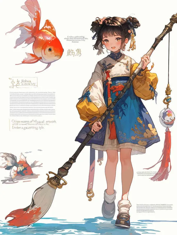 Create a striking children's illustration showcasing the future city of Jinhua, a picturesque city in Zhejiang Province, China. Embrace the essence of classical Chinese artwork with a touch of Miyazaki's magical style. Picture a young girl gracefully holding a paintbrush, her art mirroring the fast-paced innovation of high-speed trains, the remarkable presence of the five-starred national flag, and the iconic landmarks of Jinhua, Zhejiang. Imagine the Jinhua Museum, the enchanting Wuyue Opera House, the vibrant amusement park, and awe-inspiring masterpieces, all depicted in exquisite detail, ready to adorn any high-resolution wallpaper,no text - style3部分
