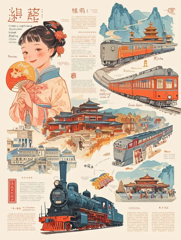 Create a striking children's illustration showcasing the future city of Jinhua, a picturesque city in Zhejiang Province, China. Embrace the essence of classical Chinese artwork with a touch of Miyazaki's magical style. Picture a young girl gracefully holding a paintbrush, her art mirroring the fast-paced innovation of high-speed trains, the remarkable presence of the five-starred national flag, and the iconic landmarks of Jinhua, Zhejiang. Imagine the Jinhua Museum, the enchanting Wuyue Opera House, the vibrant amusement park, and awe-inspiring masterpieces, all depicted in exquisite detail, ready to adorn any high-resolution wallpaper,no text - style4部分