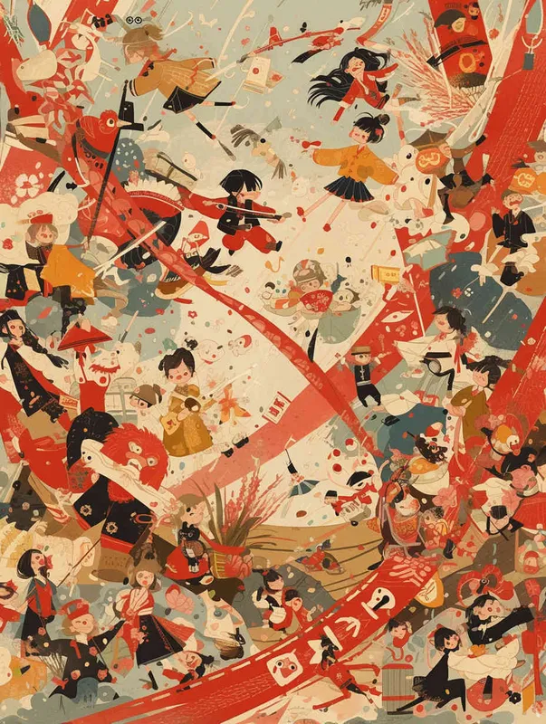 1️⃣ A colorful Chinese New Year painting of children's cartoon characters playing on film strips, surrounded by traditional symbols and cultural elements. With a focus stacked, cartoonish lines and multilayered dimensions, this high resolution and high detail painting has a colorful cartoon style with a bold color scheme. It features colorful cartoon images creating a festive atmosphere along with traditional patterns such as auspicious clouds, fireworks, lanterns and happy faces. The background is decorated with red envelopes, flowers, sunsets, stars and the sky in the style of traditional Chinese New Year art. --ar 11:16 - style1部分