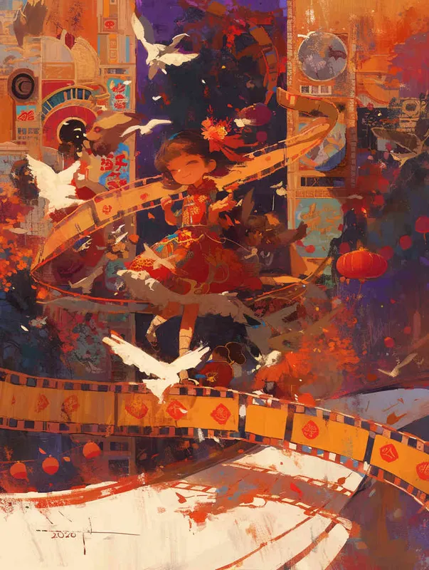 1️⃣ A colorful Chinese New Year painting of children's cartoon characters playing on film strips, surrounded by traditional symbols and cultural elements. With a focus stacked, cartoonish lines and multilayered dimensions, this high resolution and high detail painting has a colorful cartoon style with a bold color scheme. It features colorful cartoon images creating a festive atmosphere along with traditional patterns such as auspicious clouds, fireworks, lanterns and happy faces. The background is decorated with red envelopes, flowers, sunsets, stars and the sky in the style of traditional Chinese New Year art. --ar 11:16 - style3部分