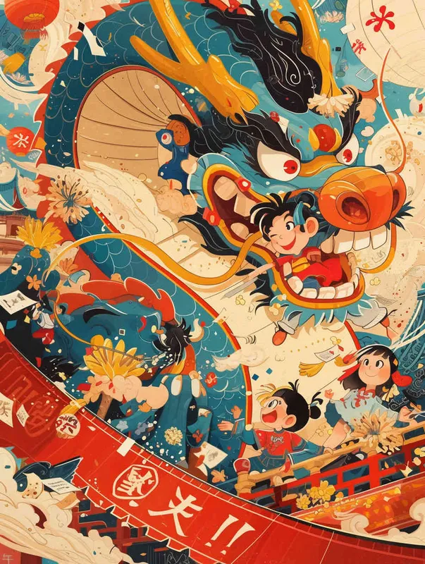 1️⃣ A colorful Chinese New Year painting of children's cartoon characters playing on film strips, surrounded by traditional symbols and cultural elements. With a focus stacked, cartoonish lines and multilayered dimensions, this high resolution and high detail painting has a colorful cartoon style with a bold color scheme. It features colorful cartoon images creating a festive atmosphere along with traditional patterns such as auspicious clouds, fireworks, lanterns and happy faces. The background is decorated with red envelopes, flowers, sunsets, stars and the sky in the style of traditional Chinese New Year art. --ar 11:16 - style4部分