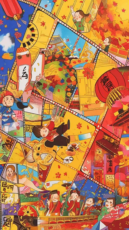 2️⃣ A colorful Chinese New Year painting of film strips with cartoon characters and traditional decorations, celebrating the festive spirit of China's spring festival. The background is filled with vibrant colors like reds, yellows, pinks, greens, blues, golds, and white tones, creating an atmosphere full of joyous celebration. The painting is in the style of focus on face. --ar 11:16 - style2部分