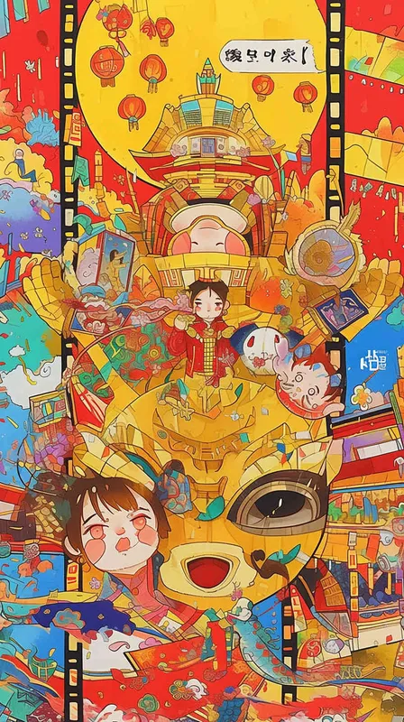 2️⃣ A colorful Chinese New Year painting of film strips with cartoon characters and traditional decorations, celebrating the festive spirit of China's spring festival. The background is filled with vibrant colors like reds, yellows, pinks, greens, blues, golds, and white tones, creating an atmosphere full of joyous celebration. The painting is in the style of focus on face. --ar 11:16 - style3部分