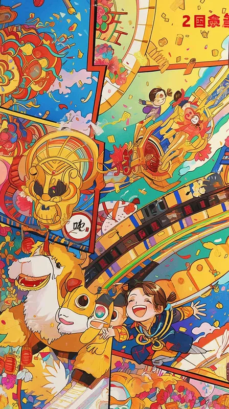 2️⃣ A colorful Chinese New Year painting of film strips with cartoon characters and traditional decorations, celebrating the festive spirit of China's spring festival. The background is filled with vibrant colors like reds, yellows, pinks, greens, blues, golds, and white tones, creating an atmosphere full of joyous celebration. The painting is in the style of focus on face. --ar 11:16 - style4部分