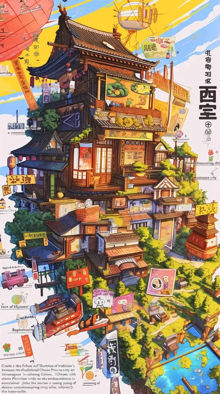 Create a striking children's illustration showcasing the future city of Jinhua, a picturesque city in Zhejiang Province, China. Embrace the essence of classical Chinese artwork with a touch of Miyazaki's magical style. Picture a young girl gracefully holding a paintbrush, her art mirroring the fast-paced innovation of high-speed trains, the remarkable presence of the five-starred national flag, and the iconic landmarks of Jinhua, Zhejiang. Imagine the Jinhua Museum, the enchanting Wuyue Opera House, the vibrant amusement park, and awe-inspiring masterpieces, all depicted in exquisite detail, ready to adorn any high-resolution wallpaper, no text - style1部分