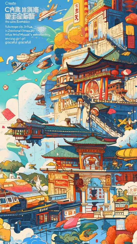 Create a striking children's illustration showcasing the future city of Jinhua, a picturesque city in Zhejiang Province, China. Embrace the essence of classical Chinese artwork with a touch of Miyazaki's magical style. Picture a young girl gracefully holding a paintbrush, her art mirroring the fast-paced innovation of high-speed trains, the remarkable presence of the five-starred national flag, and the iconic landmarks of Jinhua, Zhejiang. Imagine the Jinhua Museum, the enchanting Wuyue Opera House, the vibrant amusement park, and awe-inspiring masterpieces, all depicted in exquisite detail, ready to adorn any high-resolution wallpaper, no text - style2部分