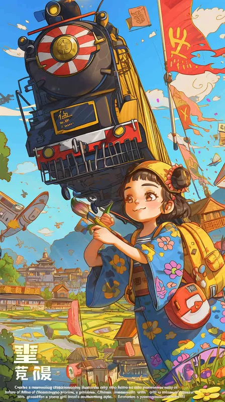 Create a striking children's illustration showcasing the future city of Jinhua, a picturesque city in Zhejiang Province, China. Embrace the essence of classical Chinese artwork with a touch of Miyazaki's magical style. Picture a young girl gracefully holding a paintbrush, her art mirroring the fast-paced innovation of high-speed trains, the remarkable presence of the five-starred national flag, and the iconic landmarks of Jinhua, Zhejiang. Imagine the Jinhua Museum, the enchanting Wuyue Opera House, the vibrant amusement park, and awe-inspiring masterpieces, all depicted in exquisite detail, ready to adorn any high-resolution wallpaper, no text - style3部分