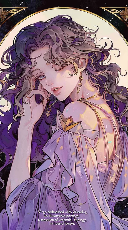 Virgo avatar, long haired girl, illustration, warm, comfortable, lazy, and soft artistic style, purple
 - style4部分