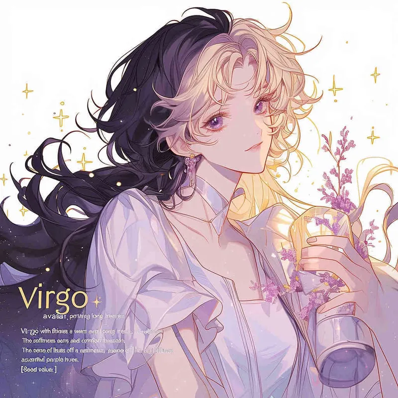 Virgo avatar, long haired girl, illustration, warm, comfortable, lazy, and soft artistic style, purple [ seed值: 
 - style2部分