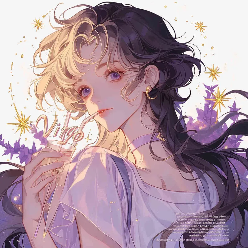 Virgo avatar, long haired girl, illustration, warm, comfortable, lazy, and soft artistic style, purple [ seed值: 
 - style3部分