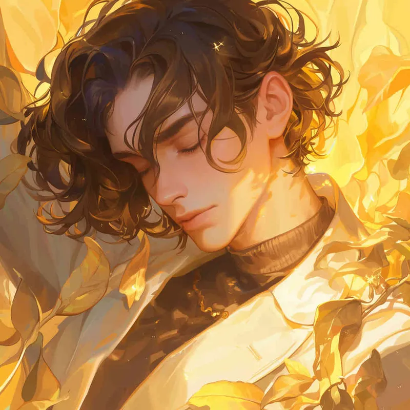 Gemini avatar, male, illustrated, warm, atmospheric, lazy, and gentle art style , Warm yellow tone, boy with closed eyes - style1部分