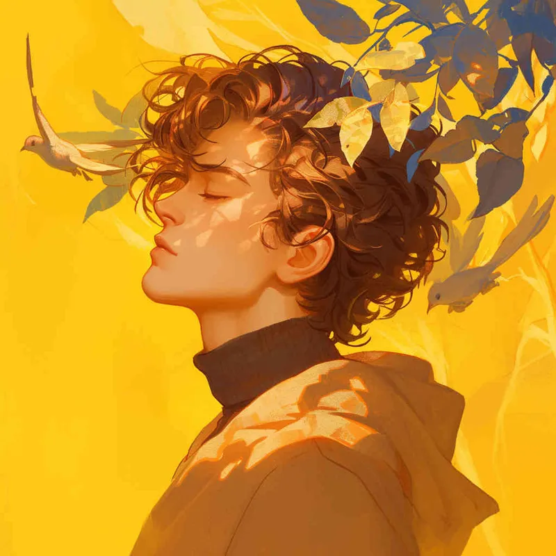 Gemini avatar, male, illustrated, warm, atmospheric, lazy, and gentle art style , Warm yellow tone, boy with closed eyes - style2部分