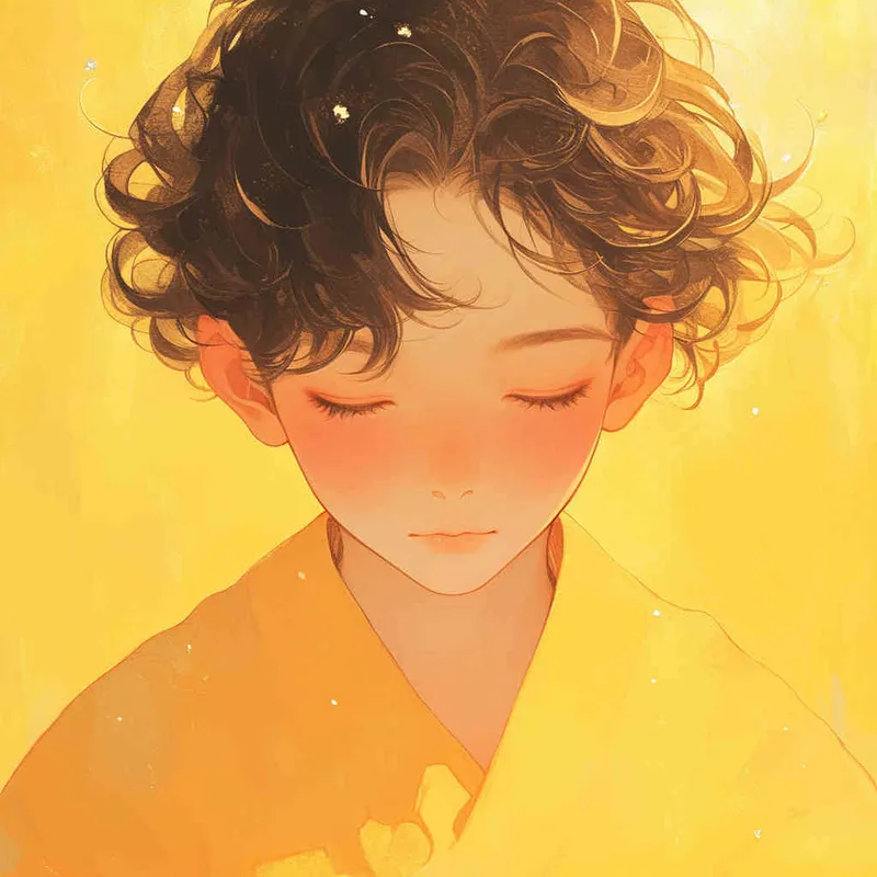 Gemini avatar, male, illustrated, warm, atmospheric, lazy, and gentle art style , Warm yellow tone, boy with closed eyes - style3部分