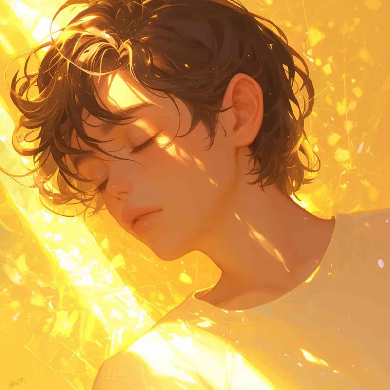 Gemini avatar, male, illustrated, warm, atmospheric, lazy, and gentle art style , Warm yellow tone, boy with closed eyes - style4部分