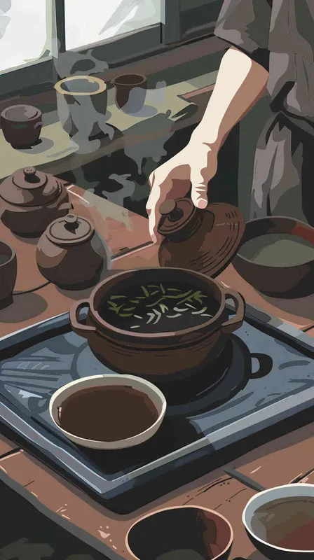 师傅在炒制茶叶，铁锅，炒茶，茶叶工坊，矢量风格，扁平化 - style2部分