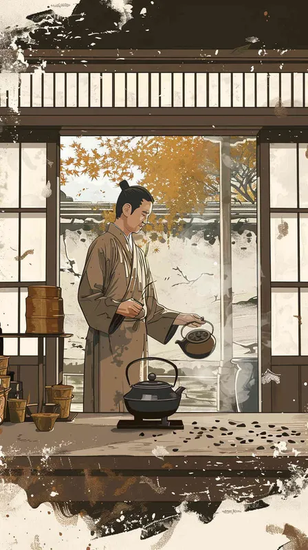 师傅在炒制茶叶，铁锅，炒茶，茶叶工坊，矢量风格，扁平化 - style3部分
