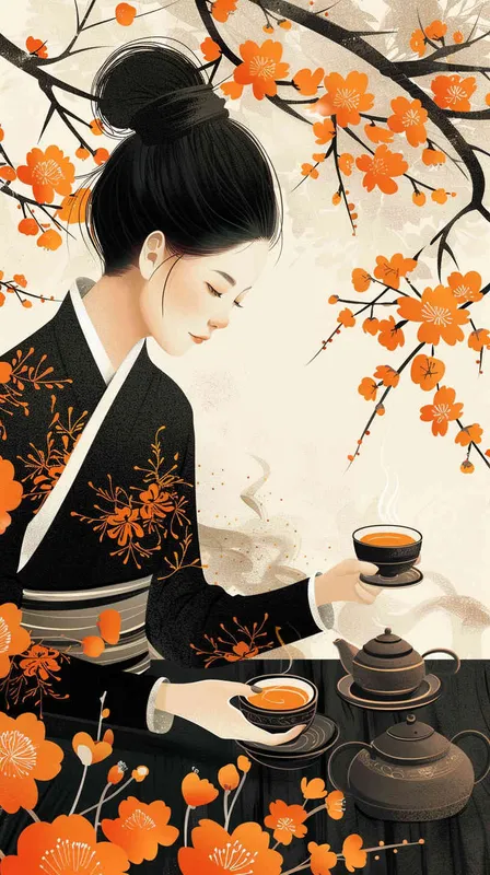 师傅在保存茶叶，将熟茶制成茶饼，室内，桌子上，矢量风格，扁平化 - style1部分