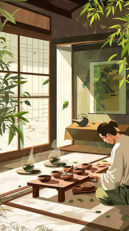 师傅在保存茶叶，将熟茶制成茶饼，室内，桌子上，矢量风格，扁平化 - style2部分