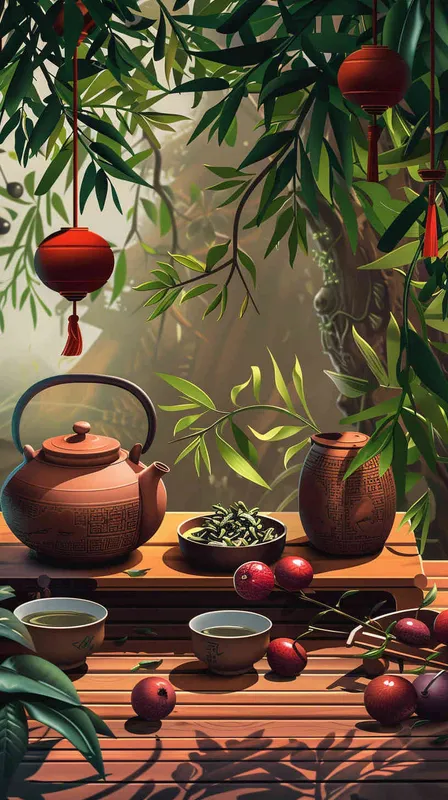 师傅在保存茶叶，将熟茶制成茶饼，室内，桌子上，矢量风格，扁平化 - style3部分