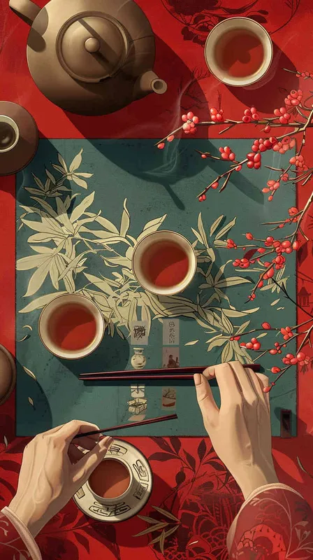 师傅在保存茶叶，将熟茶制成茶饼，室内，桌子上，矢量风格，扁平化 - style4部分