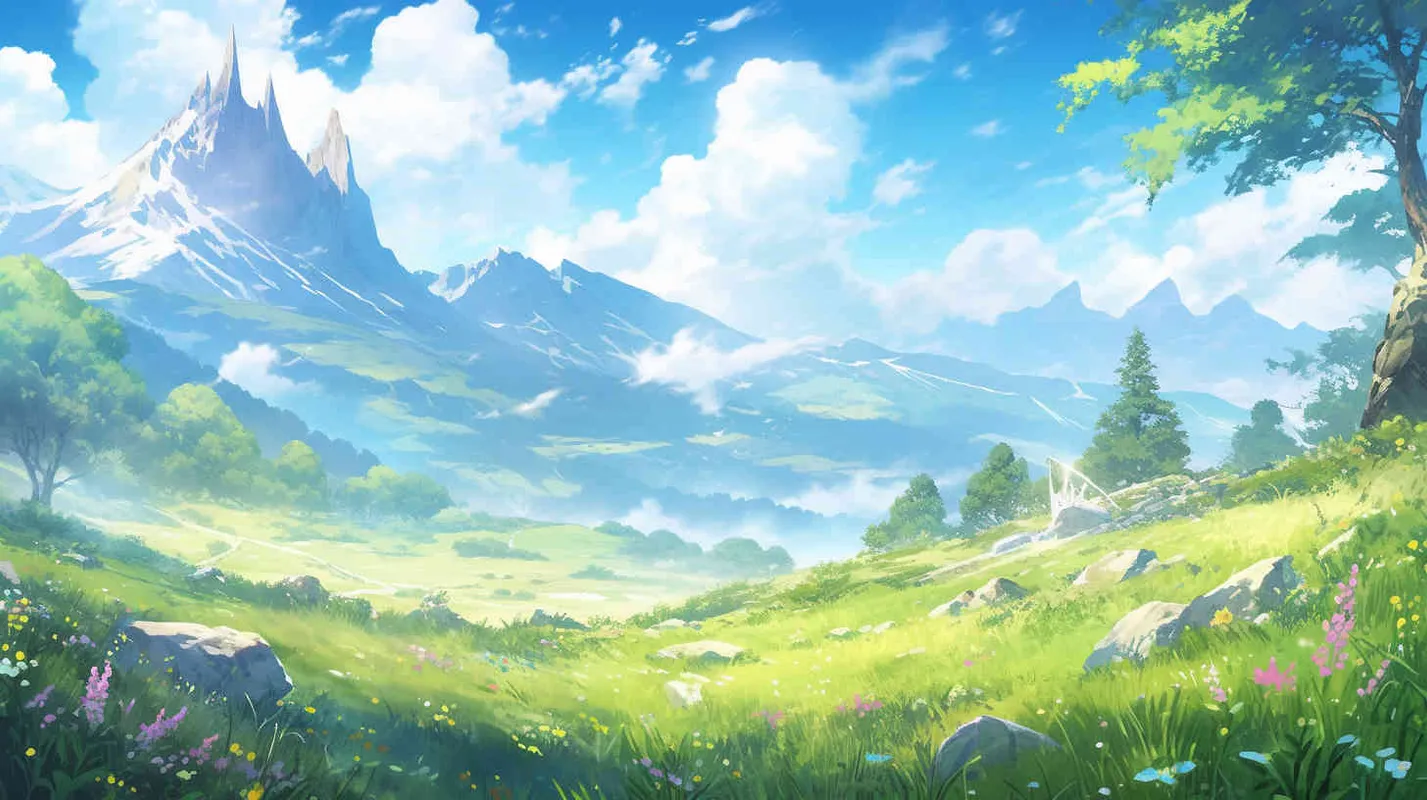 On a spring morning, the sun is shining brightly, with a blue sky and green grass nearby, with a small amount of green plants and flowers. In the distance, there is a green mountain,--v5.2,--niji 5,--q2.5,--s750 - style1部分