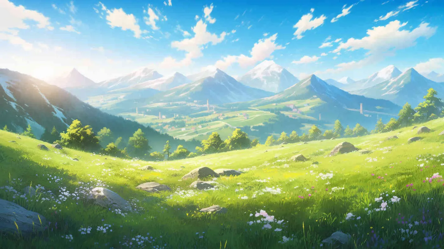 On a spring morning, the sun is shining brightly, with a blue sky and green grass nearby, with a small amount of green plants and flowers. In the distance, there is a green mountain,--v5.2,--niji 5,--q2.5,--s750 - style2部分