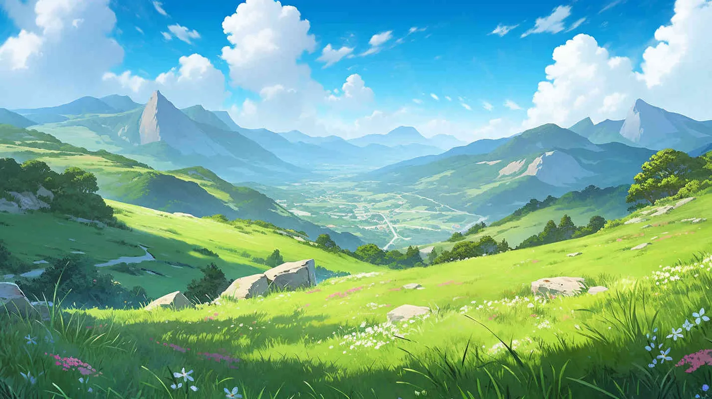 On a spring morning, the sun is shining brightly, with a blue sky and green grass nearby, with a small amount of green plants and flowers. In the distance, there is a green mountain,--v5.2,--niji 5,--q2.5,--s750 - style3部分