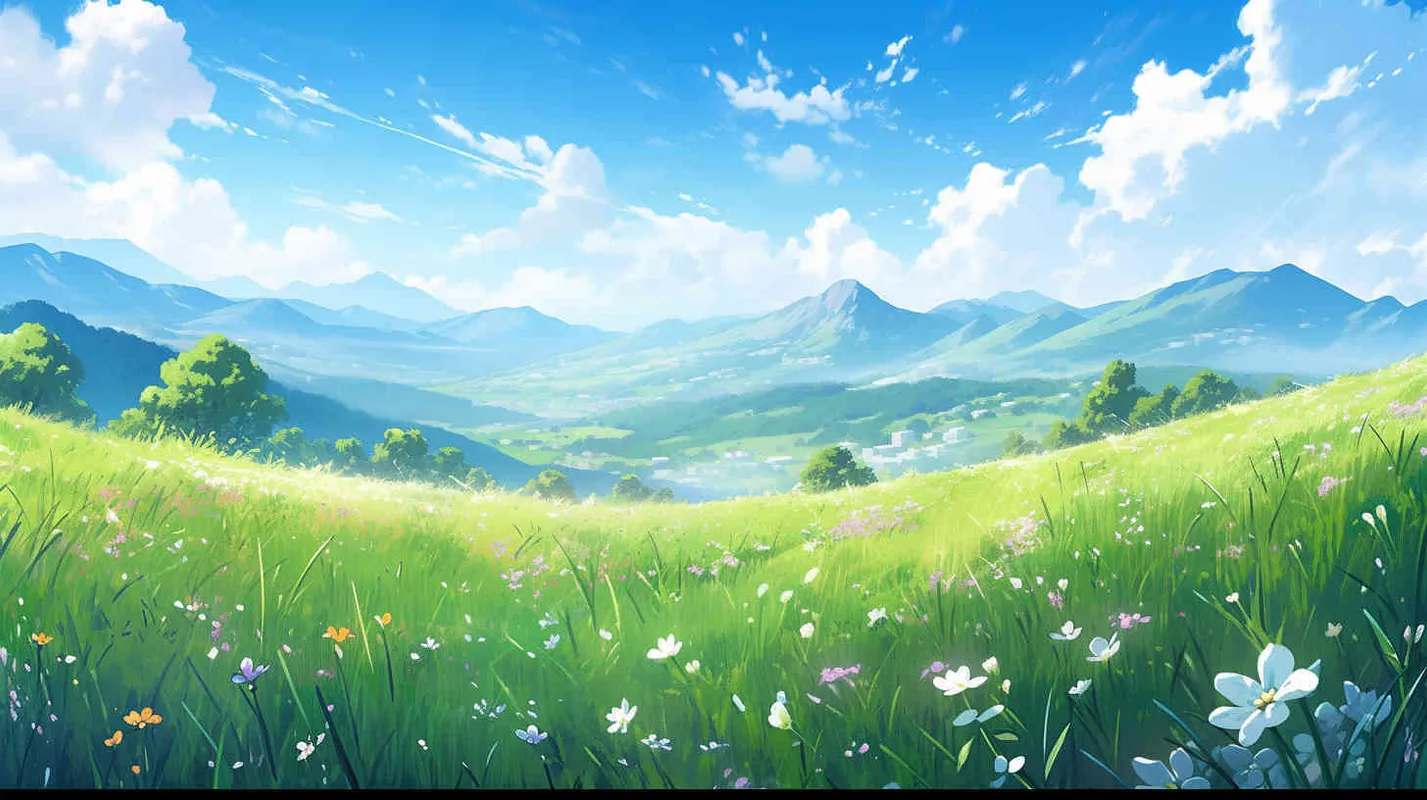 On a spring morning, the sun is shining brightly, with a blue sky and green grass nearby, with a small amount of green plants and flowers. In the distance, there is a green mountain,--v5.2,--niji 5,--q2.5,--s750 - style4部分