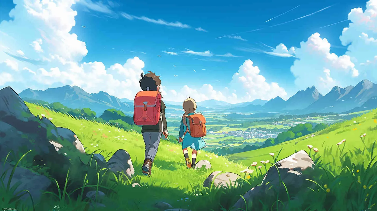 An 8-year-old boy carrying a backpack and an 8-year-old girl carrying a backpack go to school together, walking on a green grassland,--v5.2,--niji 5,--q2.5,--s750 - style1部分