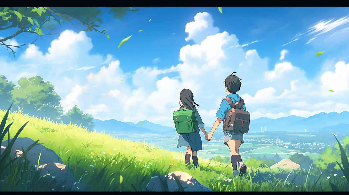 An 8-year-old boy carrying a backpack and an 8-year-old girl carrying a backpack go to school together, walking on a green grassland,--v5.2,--niji 5,--q2.5,--s750 - style2部分