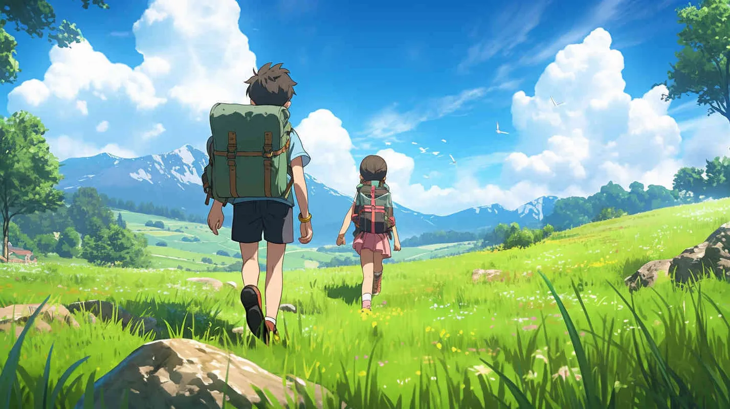 An 8-year-old boy carrying a backpack and an 8-year-old girl carrying a backpack go to school together, walking on a green grassland,--v5.2,--niji 5,--q2.5,--s750 - style3部分