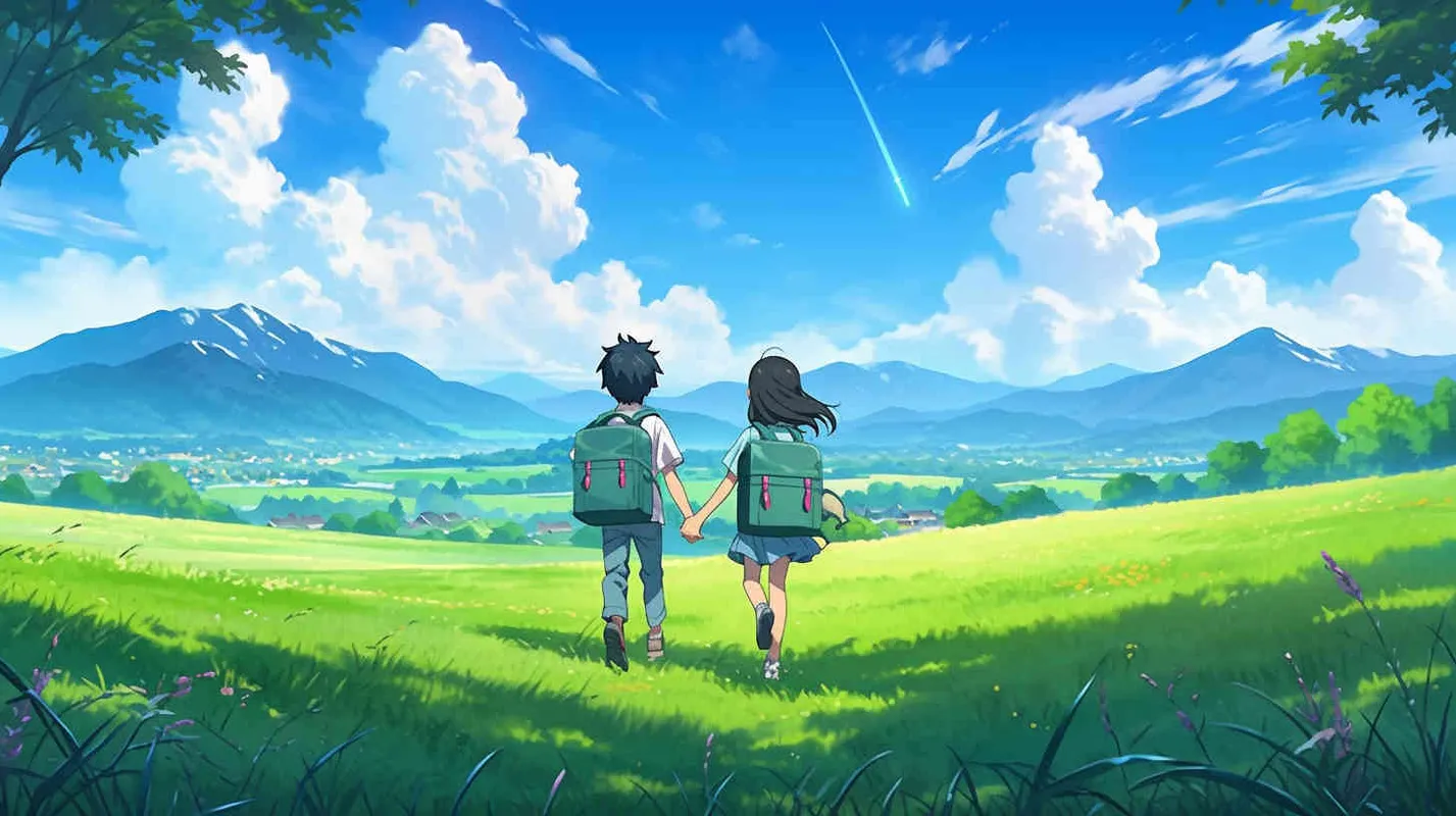 An 8-year-old boy carrying a backpack and an 8-year-old girl carrying a backpack go to school together, walking on a green grassland,--v5.2,--niji 5,--q2.5,--s750 - style4部分