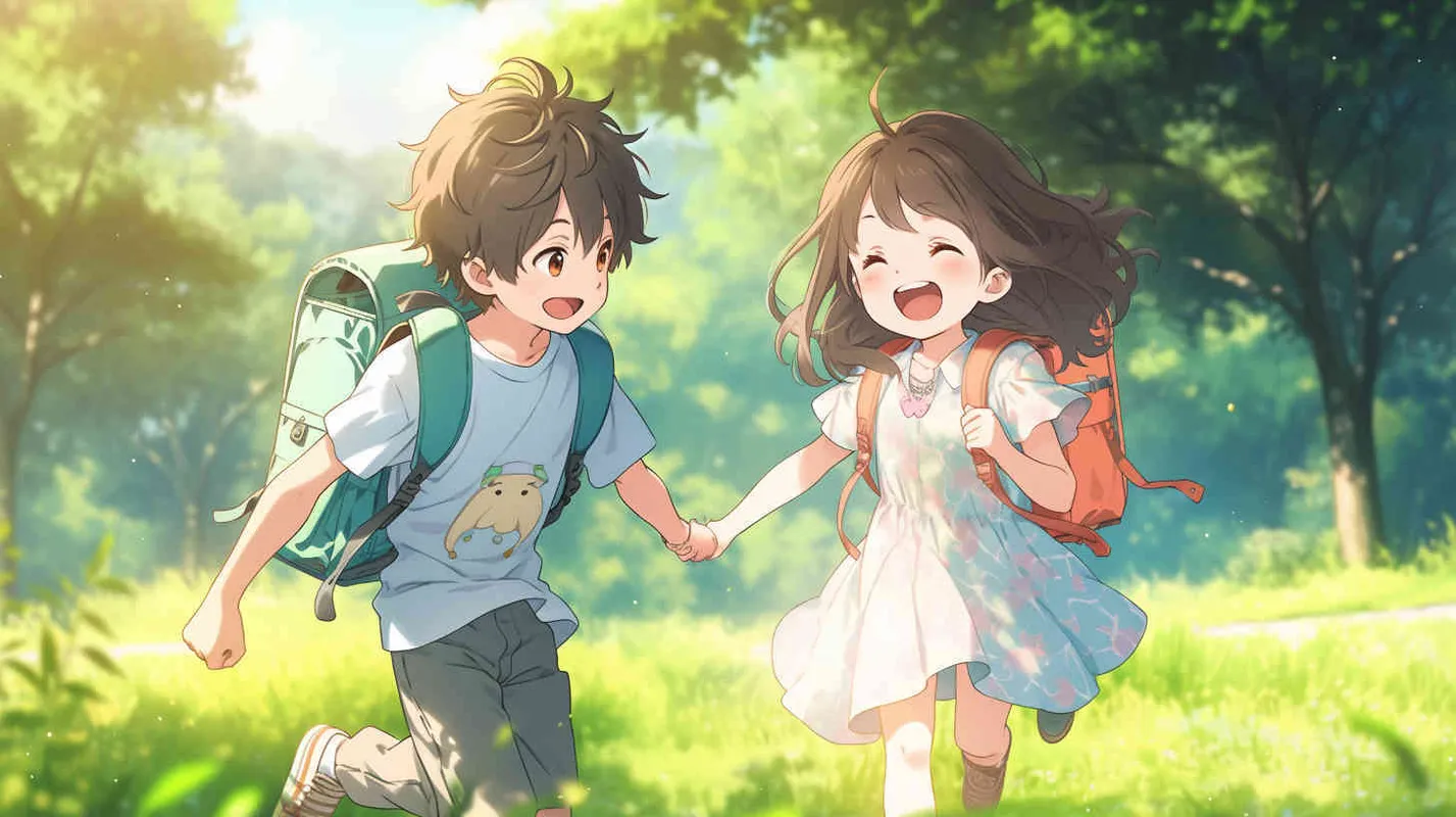An 8-year-old boy carrying a backpack and an 8-year-old girl carrying a backpack are going to school together. They are walking on a green lawn with a smile, in an illustrated and cute style. The two of them need to see their front faces,--v5.2,--niji 5,--q2.5,--s750 - style1部分