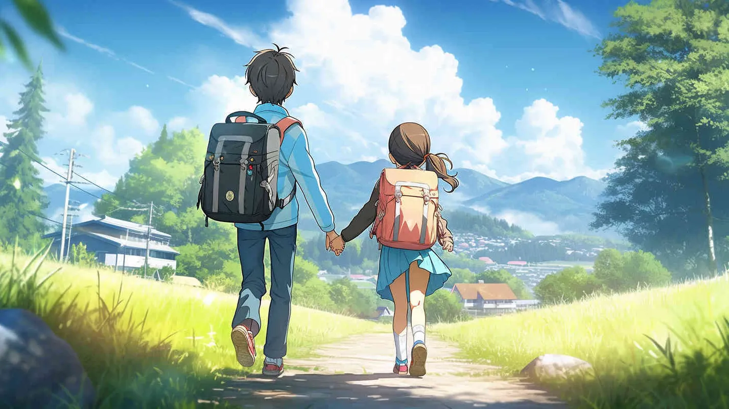 An 8-year-old boy carrying a backpack and an 8-year-old girl carrying a backpack are going to school together. They are walking on a green lawn with a smile, in an illustrated and cute style. The two of them need to see their front faces,--v5.2,--niji 5,--q2.5,--s750 - style2部分