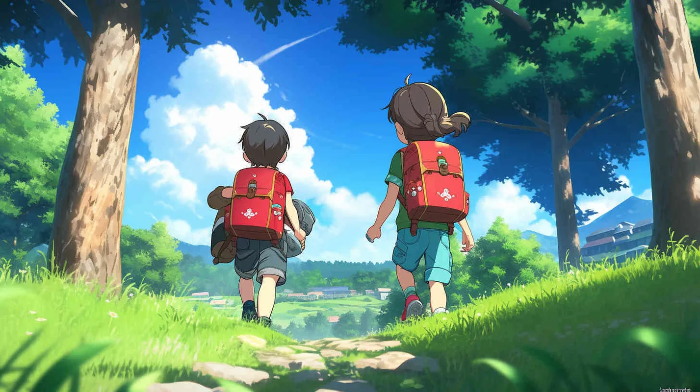 An 8-year-old boy carrying a backpack and an 8-year-old girl carrying a backpack are going to school together. They are walking on a green lawn with a smile, in an illustrated and cute style. The two of them need to see their front faces,--v5.2,--niji 5,--q2.5,--s750 - style3部分