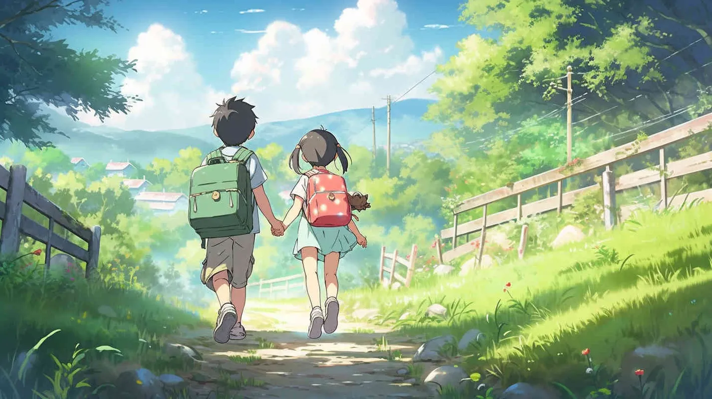 An 8-year-old boy carrying a backpack and an 8-year-old girl carrying a backpack are going to school together. They are walking on a green lawn with a smile, in an illustrated and cute style. The two of them need to see their front faces,--v5.2,--niji 5,--q2.5,--s750 - style4部分