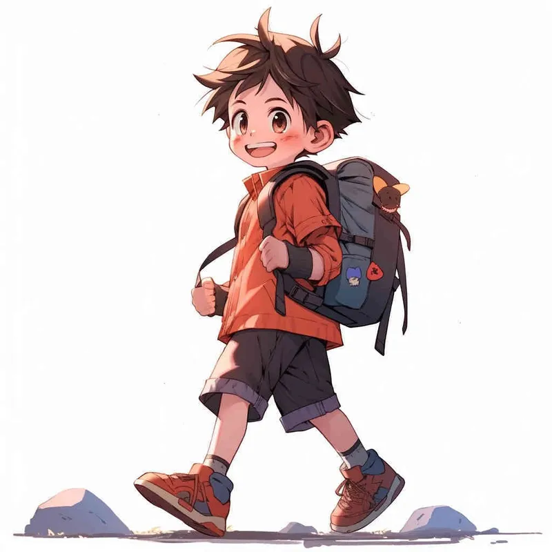 An 8-year-old boy carrying a backpack, walking forward with a smile on his face, cartoon style, Q-version character - style1部分