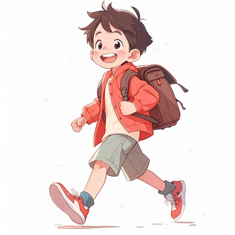 An 8-year-old boy carrying a backpack, walking forward with a smile on his face, cartoon style, Q-version character - style2部分