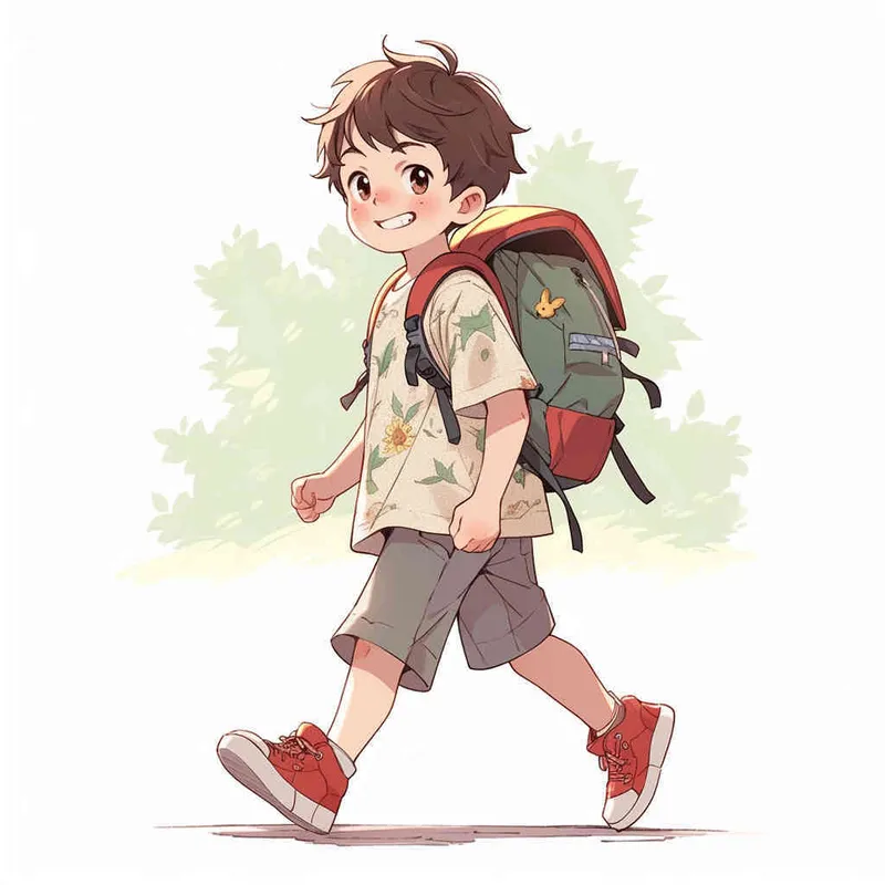 An 8-year-old boy carrying a backpack, walking forward with a smile on his face, cartoon style, Q-version character - style3部分
