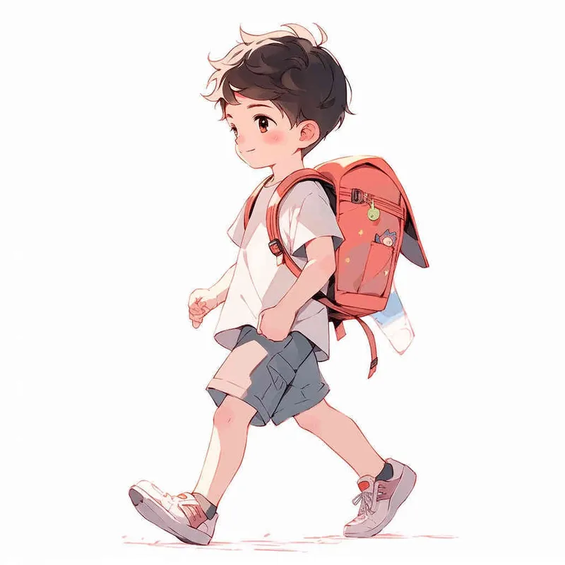 An 8-year-old boy carrying a backpack, walking forward with a smile on his face, cartoon style, Q-version character - style4部分