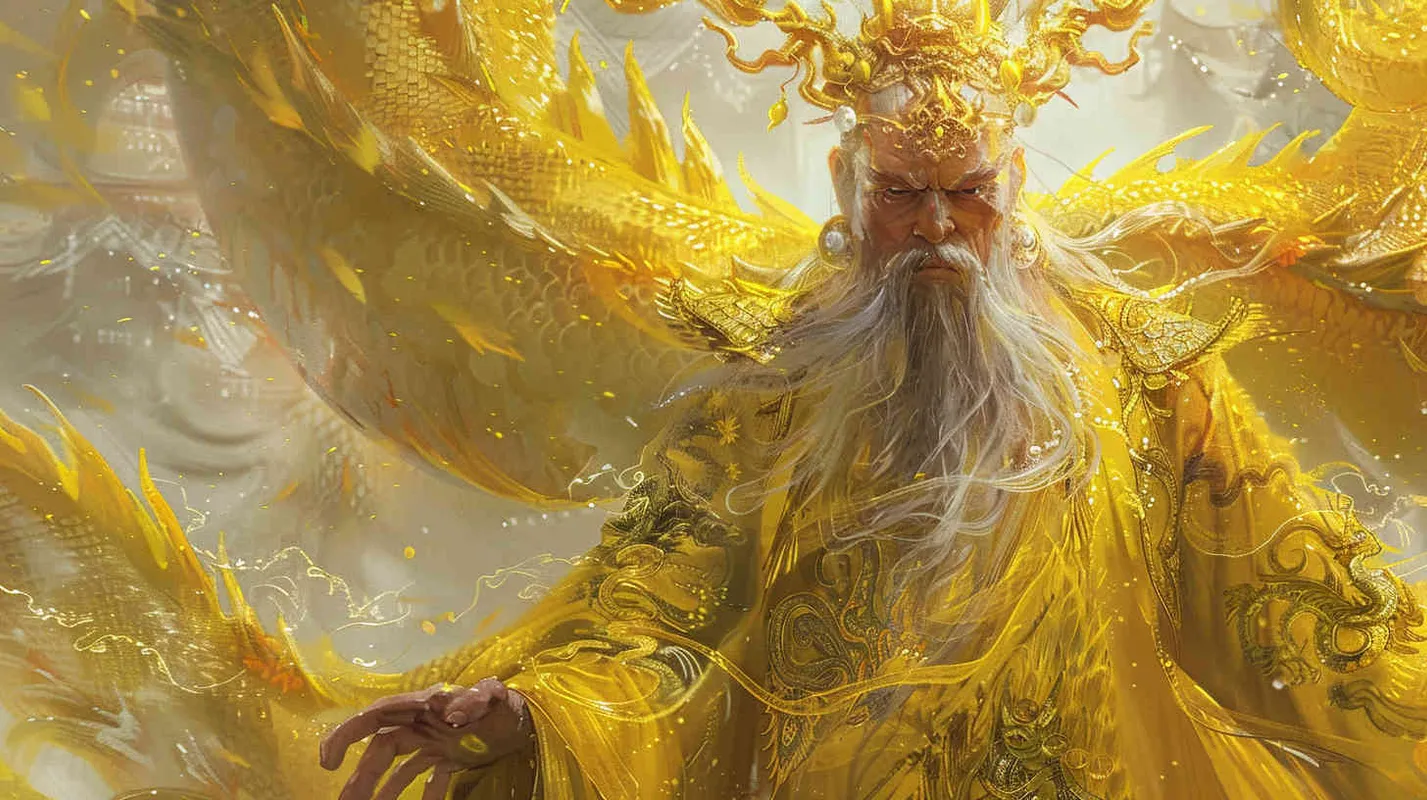 他的眼睛被形容为电光炯炯,他的鼻梁高而长挺,双眉犹如两条龙须垂下。他头戴黄色冠冕,身穿黄色袍服,脚穿黄鞋,围着黄带子。他的袍服上常常绣有沧海龙腾的图案 - AI绘画作品展示 | Midjourney中文版生成