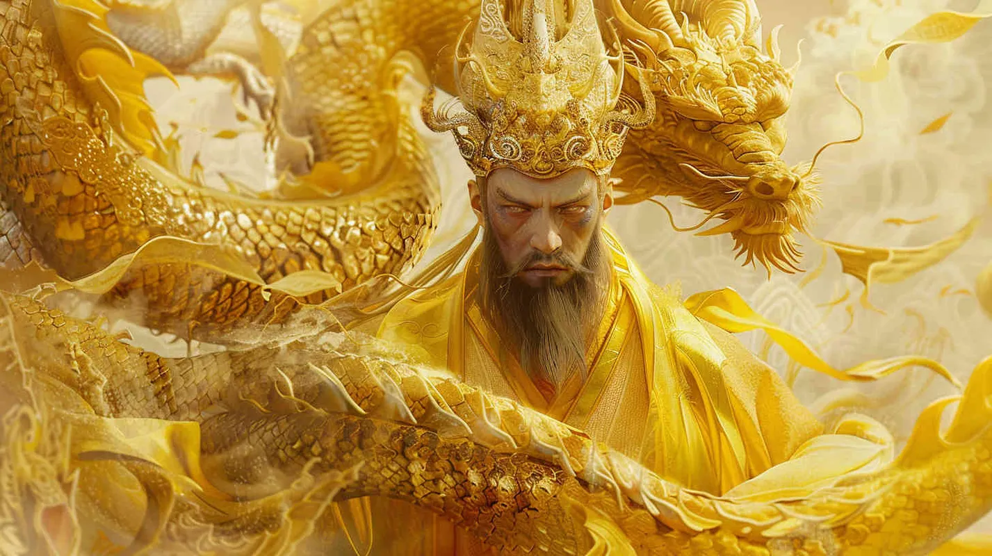他的眼睛被形容为电光炯炯,他的鼻梁高而长挺,双眉犹如两条龙须垂下。他头戴黄色冠冕,身穿黄色袍服,脚穿黄鞋,围着黄带子。他的袍服上常常绣有沧海龙腾的图案 - AI绘画作品展示 | Midjourney中文版生成