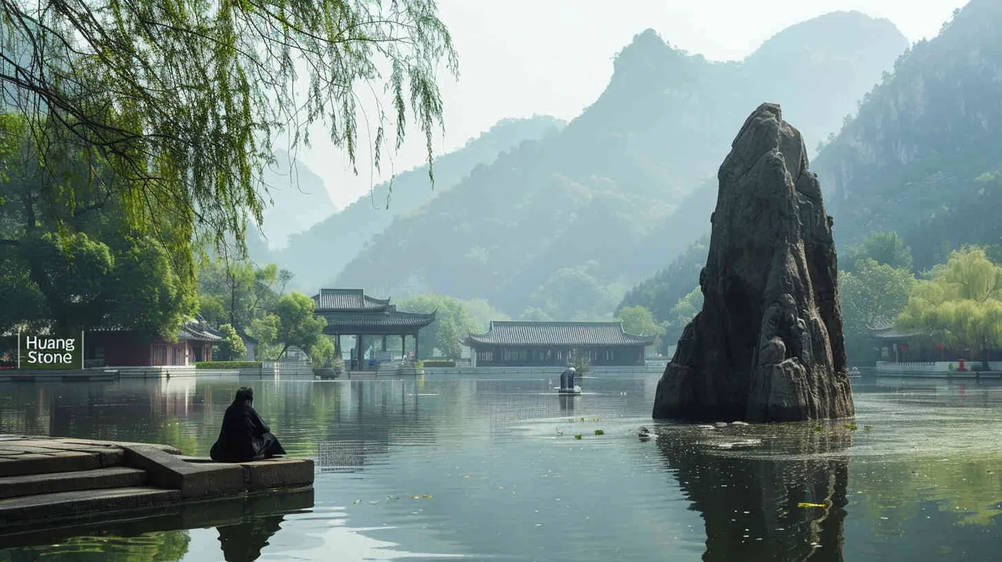 蹯溪钓鱼台太公庙前的河水中央，有一尊巨石，形如圆锥倒立，又似莲蓬斜插。这就是有名的“璜石”。璜石光芒四射，旁边坐着一位老人。  - style4部分