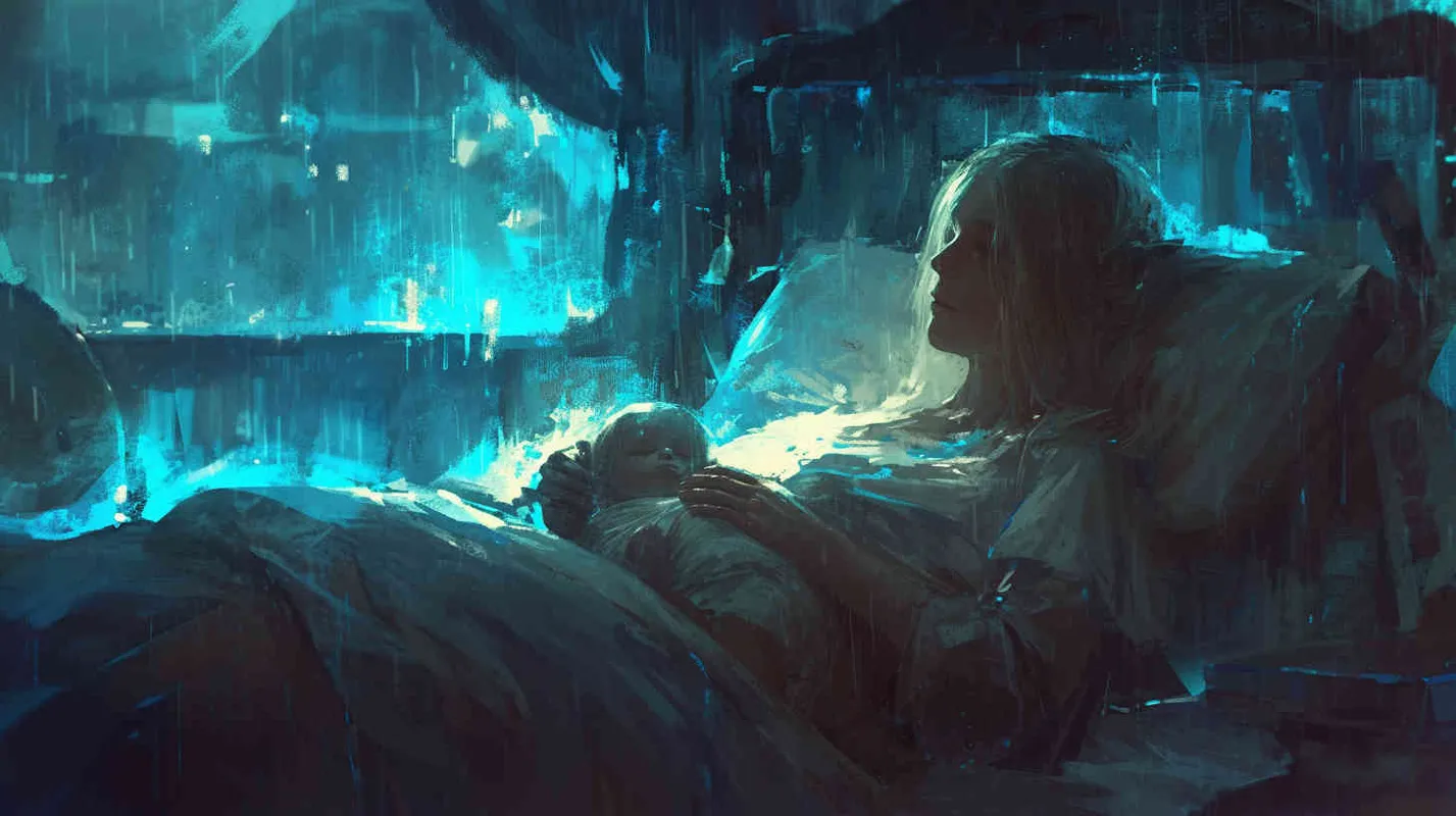 一位大肚子的母亲躺在床上，屋外下着雨，雷电交加的夜晚，感应北斗枢星的光芒孕妇生下了一个小娃娃。 - style2部分