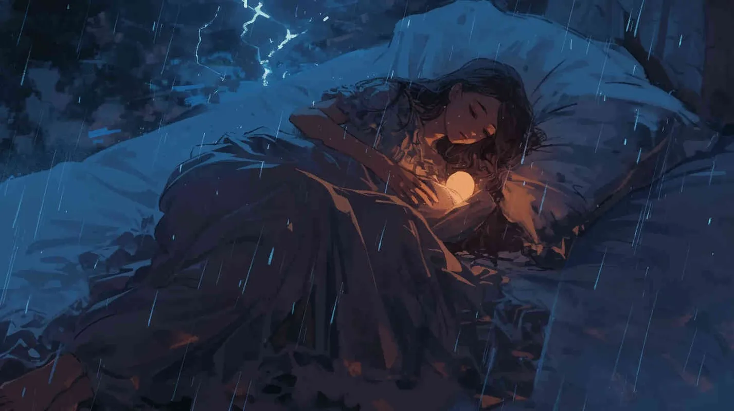 一位大肚子的母亲躺在床上，屋外下着雨，雷电交加的夜晚，感应北斗枢星的光芒孕妇生下了一个小娃娃。 - style3部分