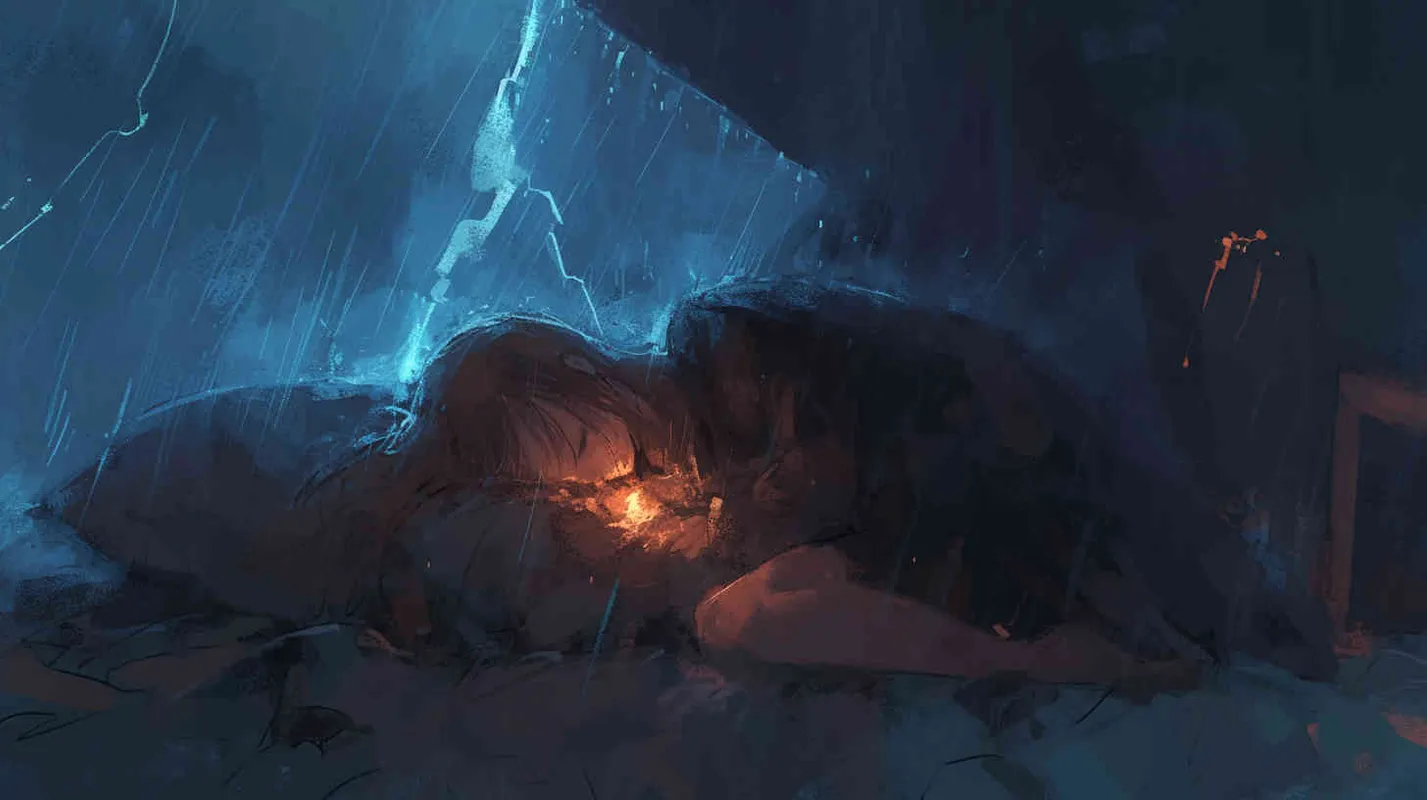 一位大肚子的母亲躺在床上，屋外下着雨，雷电交加的夜晚，感应北斗枢星的光芒孕妇生下了一个小娃娃。 - style4部分