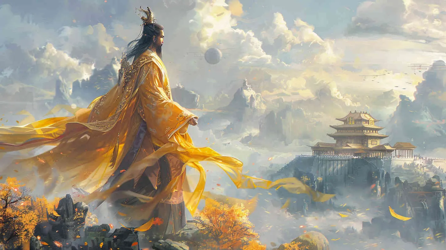 他身高魁梧，头戴皇冠，身穿黄色长袍，手持轩辕神剑。站在华夏大地 - style1部分