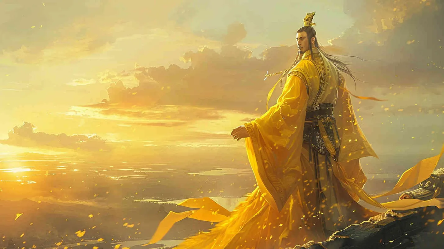 他身高魁梧，头戴皇冠，身穿黄色长袍，手持轩辕神剑。站在华夏大地 - style3部分